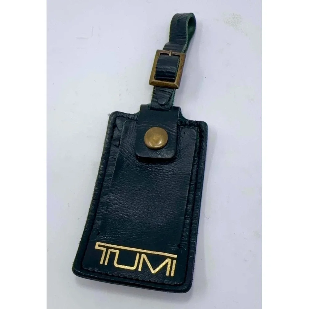 RARE Tumi Leather Luggage Name ID Tag Hunter Green Gold Discontinued Color
